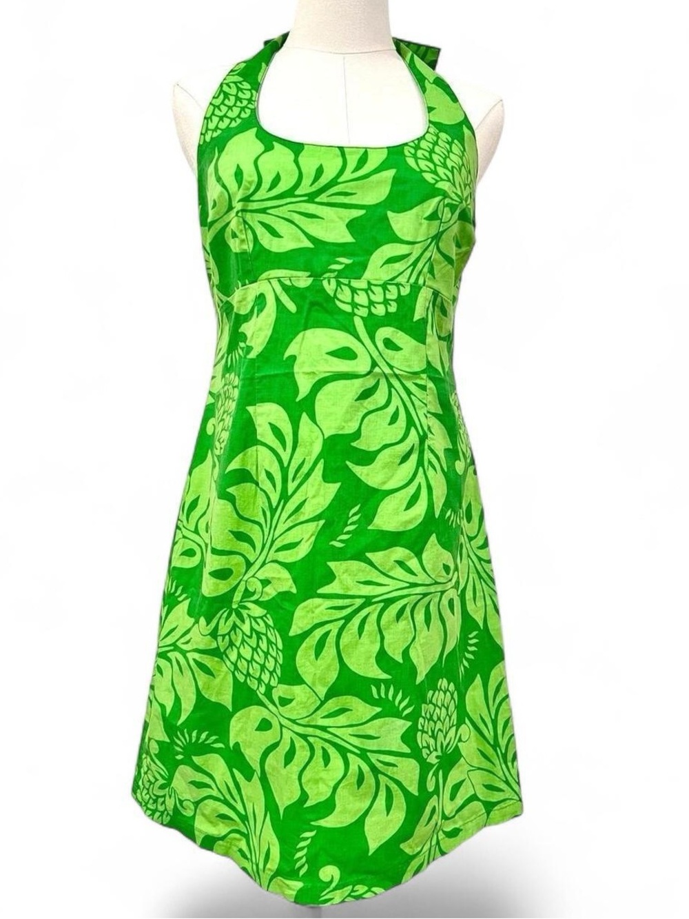 Roxy Y2K Hawaiian Halter Dress Green Tropical Print Made in USA Surf Sz L